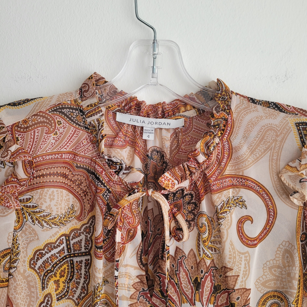 JUILA JORDAN Tiered Brown Chiffon Paisley Jacquard Midi Dress - Picture 3 of 7